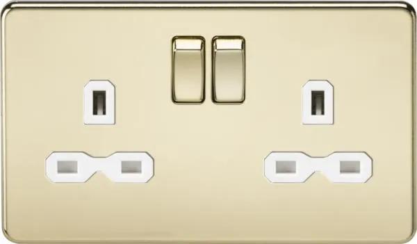 Screwless 13A 2G DP switched socket – polished brass with white insert (Polished White Brass)