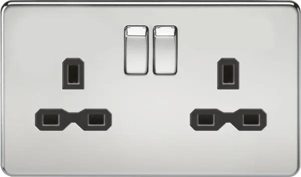 Screwless 13A 2G DP switched socket – polished chrome with black insert (Polished Chrome Black)