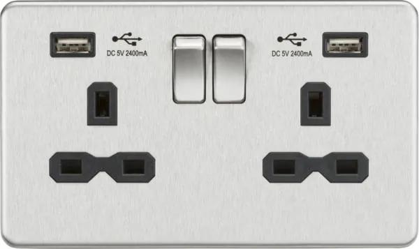 13A 2G switched socket with dual USB charger A + A (2.4A) – Brushed chrome with black insert (Brushed Chrome Black)