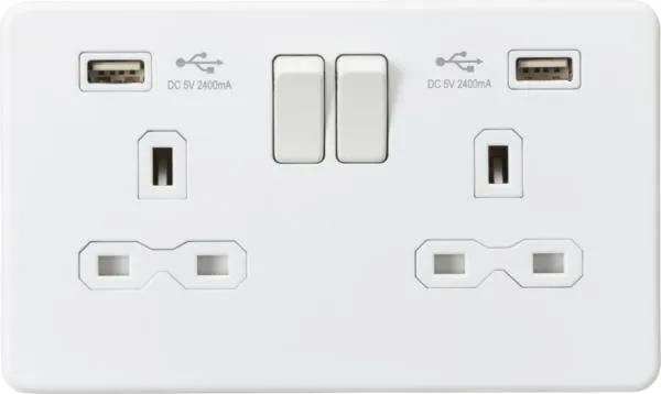 2 Gang socket with USB Matt white (White)