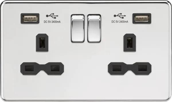 2 Gang socket with USB Polished chrome with black insert (Polished Chrome Black)