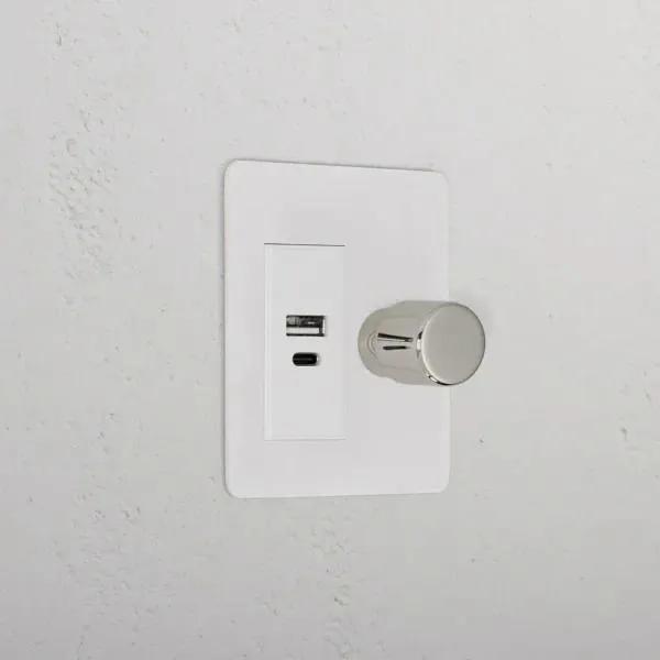 Corston 1G Two Way Dimmer + USB A+C Slimline Switch (Paintable Polished Nickel White)