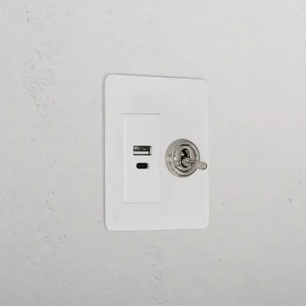 Corston 1G Two Way Toggle + USB A+C Slimline Switch (Paintable Polished Nickel White)