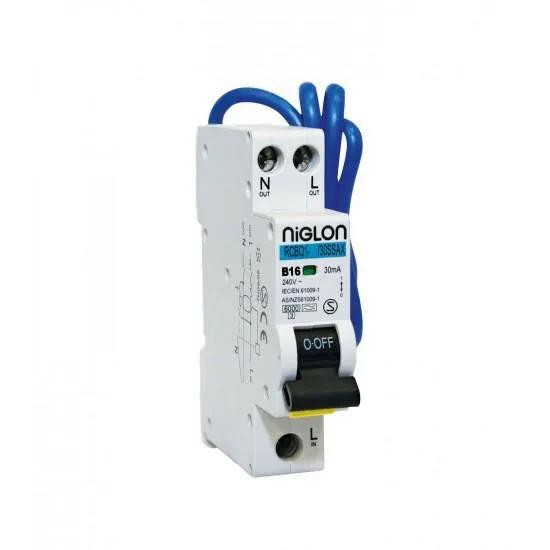 Niglon RCBO1-16/30SSAX 16 Amp Single Pole B Curve 30mA 240V Compact Mini Type A Switched Line & Neutral RCBO
