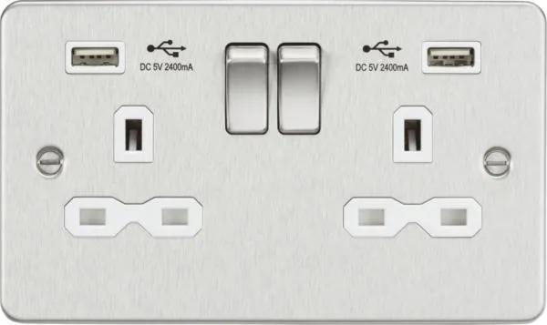 13A 2G switched socket with dual USB charger A + A (2.4A) – Brushed chrome with white insert (Brushed Chrome White)