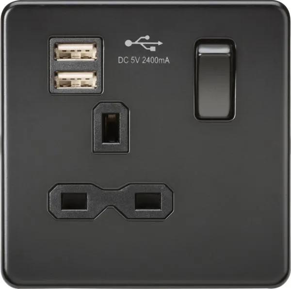 Screwless 13A 1G switched socket with dual USB charger (2.4A) – matt black (Black)